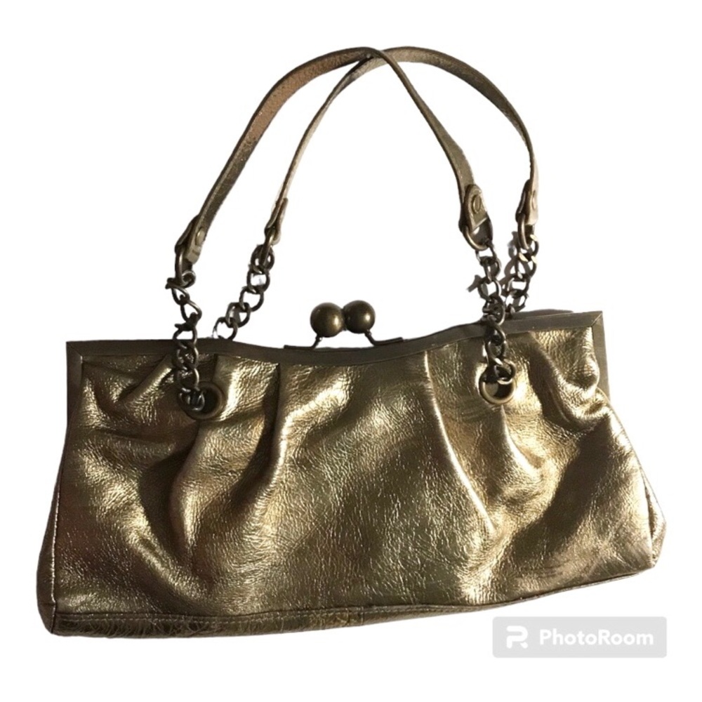 Vintage Steve Madden Metallic Gold Bronze Chain Handle Kiss Lock Leather Purse